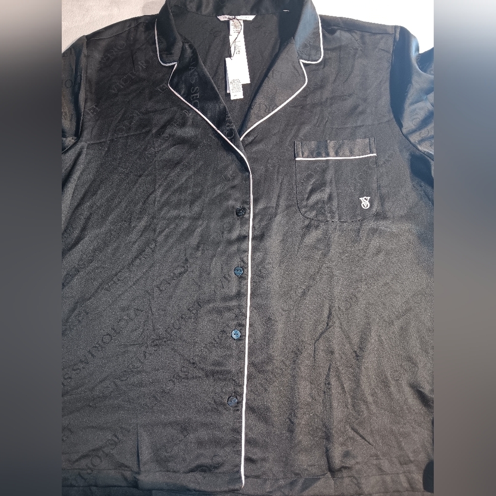 Black Button-Up Pajama Top with White Piping